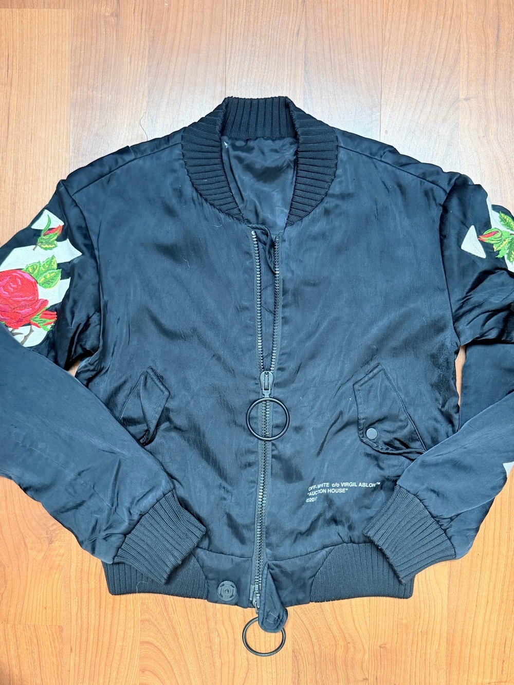 Off-White Black Bomber Jacket with Rose Sleeve Embroidery